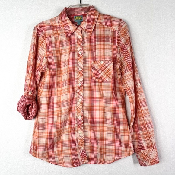 C&C California Tops - C&C California Blouse XS Button Front Roll Tab Orange Pink Plaid Lightweight NEW